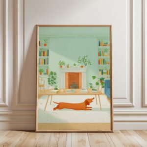 Brown-Dachshund-stretching-in-living-room_5 Dachshund Living Room Art – Funny Dog Stretching Print – Gift for Weiner Dog Lover