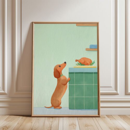 Dachshund Kitchen Wall Art – Funny Dog Hungry Print – Gift for Sausage Dog Lover