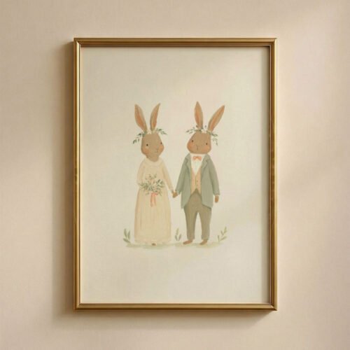 Rabbit Wedding Art Print - Bunny Bride and Groom - Forest Love Gift