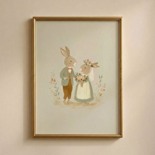 Rabbit Wedding Art Print - Bunny Bride and Groom - Forest Love Gift