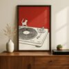 Small Cat Big Turntable - Red and White Art - Gift for Vinyl and Cat Lover