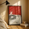 Small Cat Big Turntable - Red and White Art - Gift for Vinyl and Cat Lover