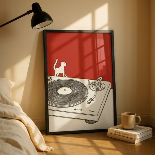 Small Cat Big Turntable - Red and White Art - Gift for Vinyl and Cat Lover