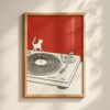 Small Cat Big Turntable - Red and White Art - Gift for Vinyl and Cat Lover