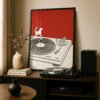 Small Cat Big Turntable - Red and White Art - Gift for Vinyl and Cat Lover
