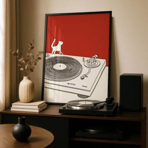 Small Cat Big Turntable - Red and White Art - Gift for Vinyl and Cat Lover