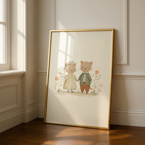 Cat Couple Illustration - Romantic Kitty Print - Whimsical Love Art