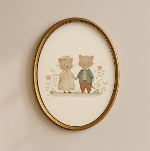 Cat Couple Illustration - Romantic Kitty Print - Whimsical Love Art
