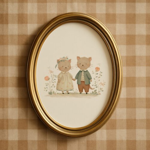 Cat Couple Illustration - Romantic Kitty Print - Whimsical Love Art