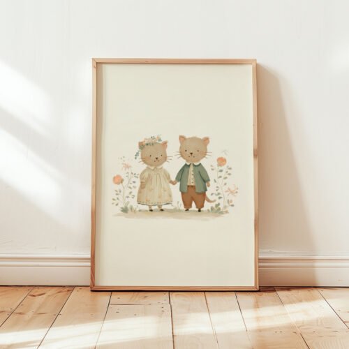 Cat Couple Illustration - Romantic Kitty Print - Whimsical Love Art