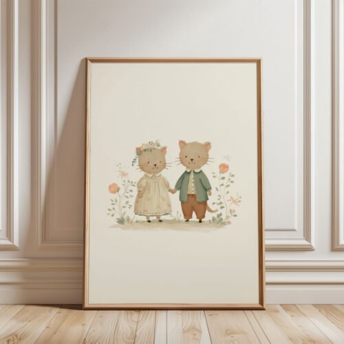 Cat Couple Illustration - Romantic Kitty Print - Whimsical Love Art