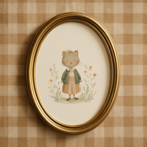 Vintage Cat Girl Art Print - Kitten in Dress Poster - Girls Nursery Decor