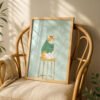 Cat on Stool Art Print - Cozy Sweater Kitty - Sage Green Decor