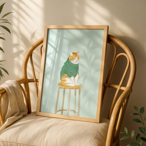 Cat on Stool Art Print - Cozy Sweater Kitty - Sage Green Decor