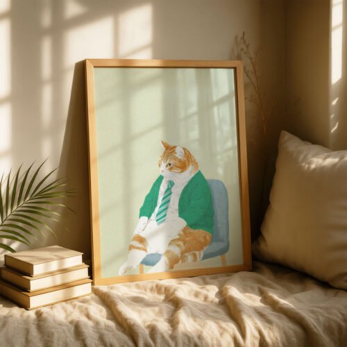 Office Cat with Tie Print - Boss Cat Art - Funny Work Desk Decor