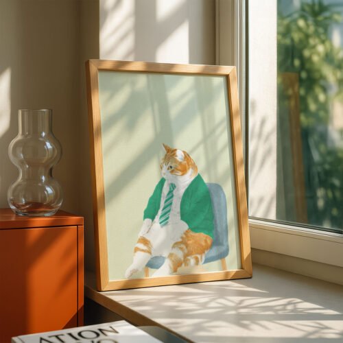 Office Cat with Tie Print - Boss Cat Art - Funny Work Desk Decor