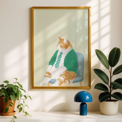 Office Cat with Tie Print - Boss Cat Art - Funny Work Desk Decor