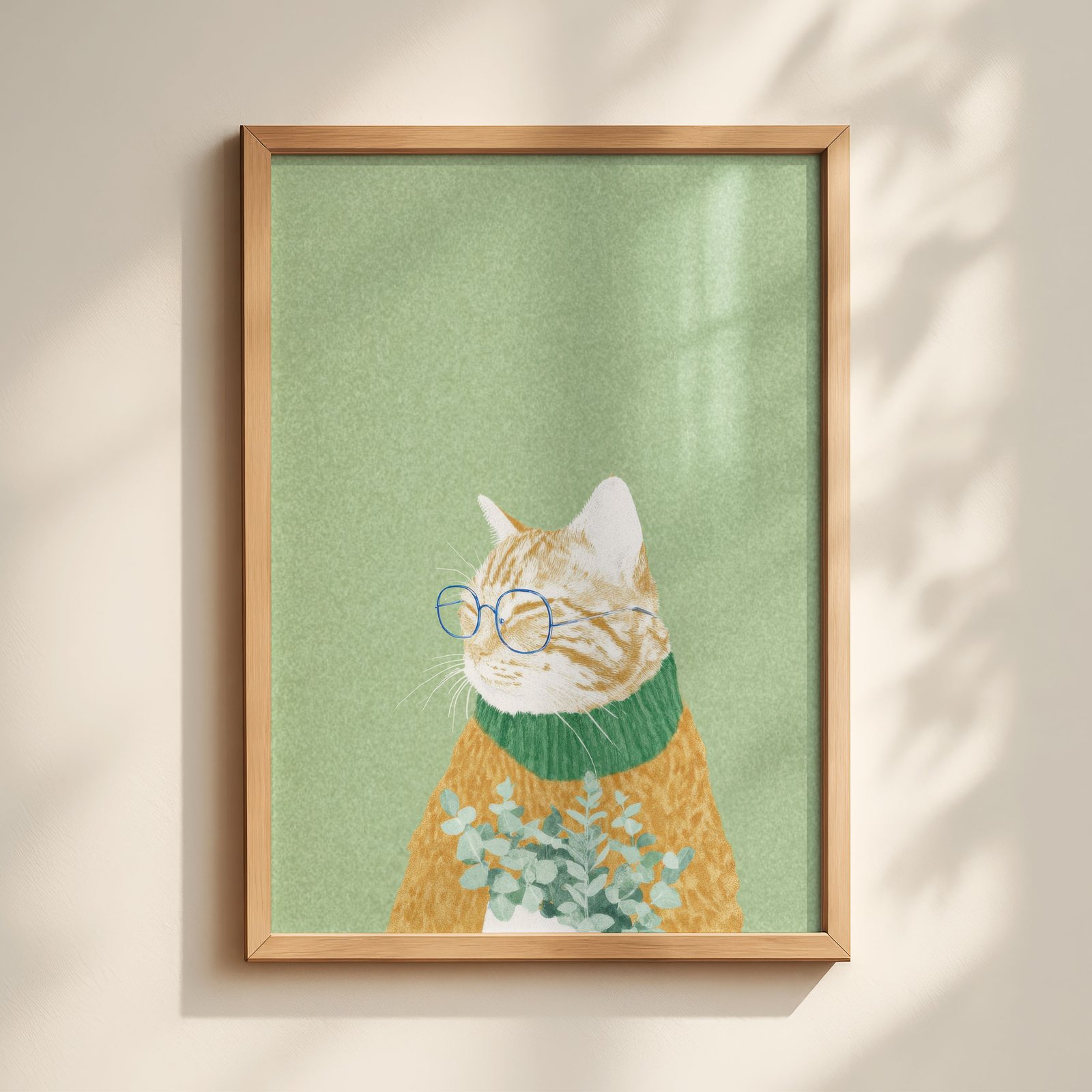Whimsical digital art print of a cute cat wearing a sweater and glasses