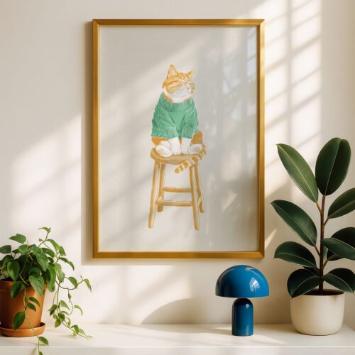 Cat on Stool Art Print - Cozy Sweater Kitty - Sage Green Decor