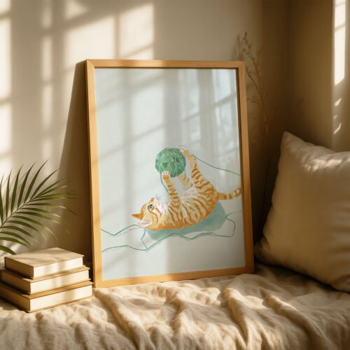 Cat with Yarn Ball Print - Knitting Lover Gift - Playful Nursery Decor
