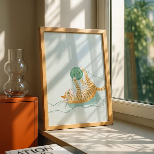 Cat with Yarn Ball Print - Knitting Lover Gift - Playful Nursery Decor