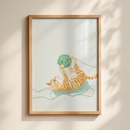 Cat with Yarn Ball Print - Knitting Lover Gift - Playful Nursery Decor