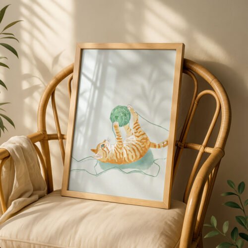 Cat with Yarn Ball Print - Knitting Lover Gift - Playful Nursery Decor
