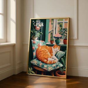 Sleeping Ginger Cat Art Print - Cozy Living Room Decor - Whimsical Animal Illustration