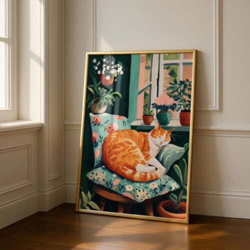 Sleeping Ginger Cat Art Print - Cozy Living Room Decor - Whimsical Animal Illustration
