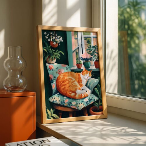 Sleeping Ginger Cat Art Print - Cozy Living Room Decor - Whimsical Animal Illustration