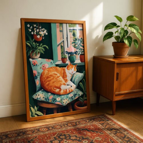 Sleeping Ginger Cat Art Print - Cozy Living Room Decor - Whimsical Animal Illustration