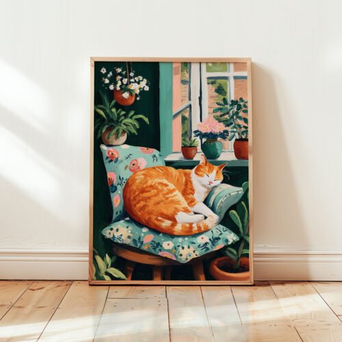 Sleeping Ginger Cat Art Print - Cozy Living Room Decor - Whimsical Animal Illustration
