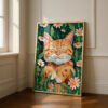 Happy Ginger Cat Portrait - Cute Animal Wall Art - Floral Cat Lover Gift
