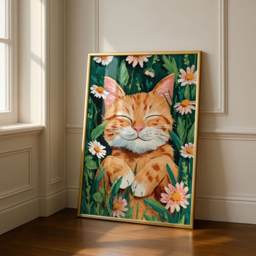 Happy Ginger Cat Portrait - Cute Animal Wall Art - Floral Cat Lover Gift