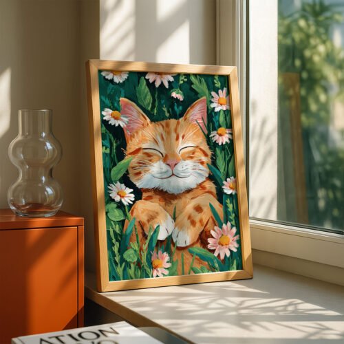 Happy Ginger Cat Portrait - Cute Animal Wall Art - Floral Cat Lover Gift