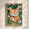 Happy Ginger Cat Portrait - Cute Animal Wall Art - Floral Cat Lover Gift