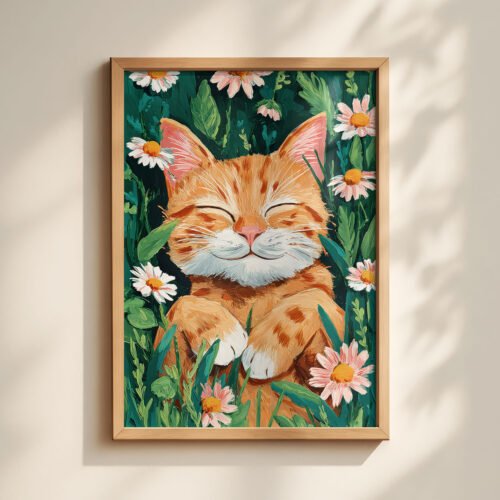 Happy Ginger Cat Portrait - Cute Animal Wall Art - Floral Cat Lover Gift