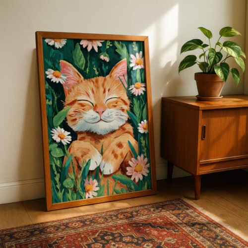 Happy Ginger Cat Portrait - Cute Animal Wall Art - Floral Cat Lover Gift