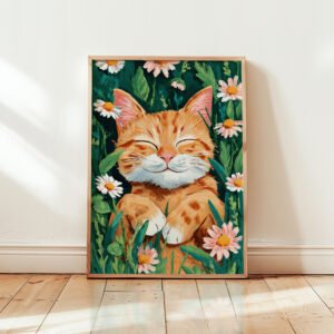 Happy Ginger Cat Portrait - Cute Animal Wall Art - Floral Cat Lover Gift