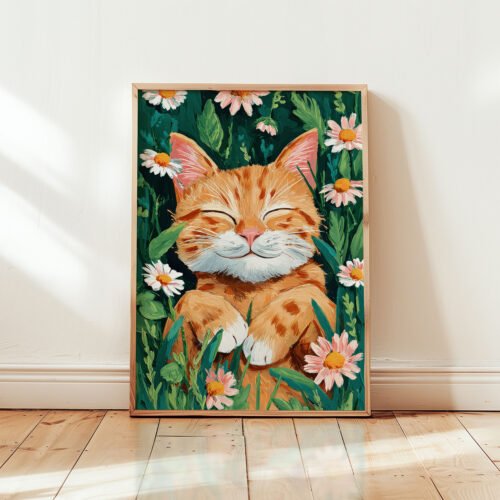 Happy Ginger Cat Portrait - Cute Animal Wall Art - Floral Cat Lover Gift