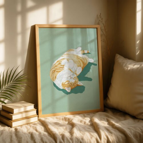 Sunbathing Cat Art Print - Lazy Sunday Vibes - Relaxing Bedroom Decor
