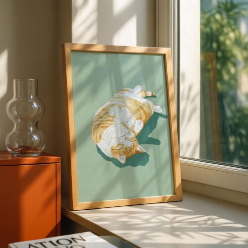 Sunbathing Cat Art Print - Lazy Sunday Vibes - Relaxing Bedroom Decor