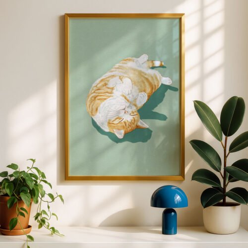 Sunbathing Cat Art Print - Lazy Sunday Vibes - Relaxing Bedroom Decor