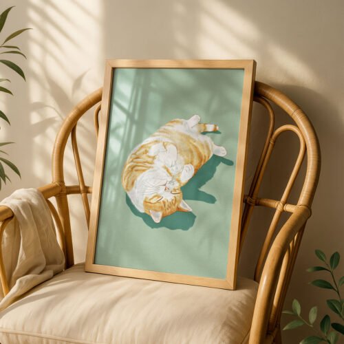 Sunbathing Cat Art Print - Lazy Sunday Vibes - Relaxing Bedroom Decor