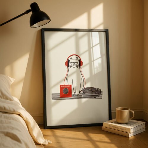 image.png Black Cat with Red Headphones Print, Wall Decor