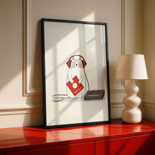 image.png Black Cat with Red Headphones Print, Wall Decor