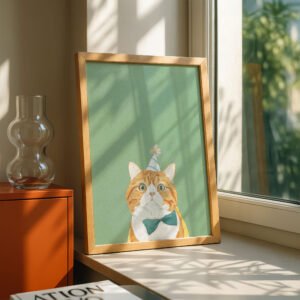 Cat in Birthday Hat Print - Happy Birthday Sign - Celebration Wall Decor