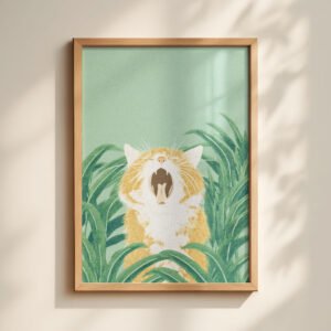Whimsical Yawning Cat - Dreamy Sleepy Art - Soft Sage Green Decor