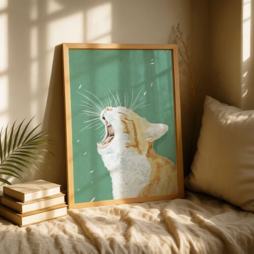 Whimsical Yawning Cat - Dreamy Sleepy Art - Soft Sage Green Decor