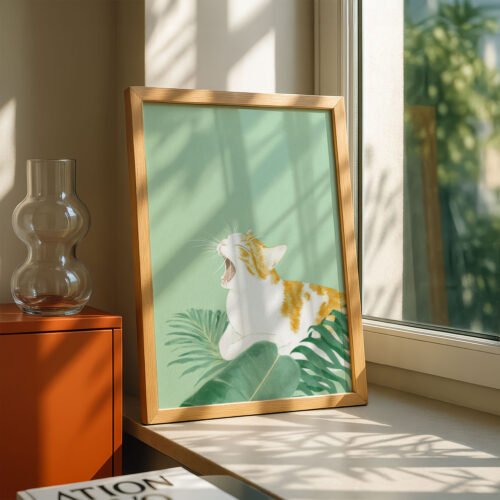 Whimsical Yawning Cat - Dreamy Sleepy Art - Soft Sage Green Decor